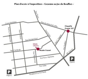Plan indiquant où se trouve l'entrée de l'exposition du Musée Granet qui s'intitule Cezanne au Jas de Bouffan
